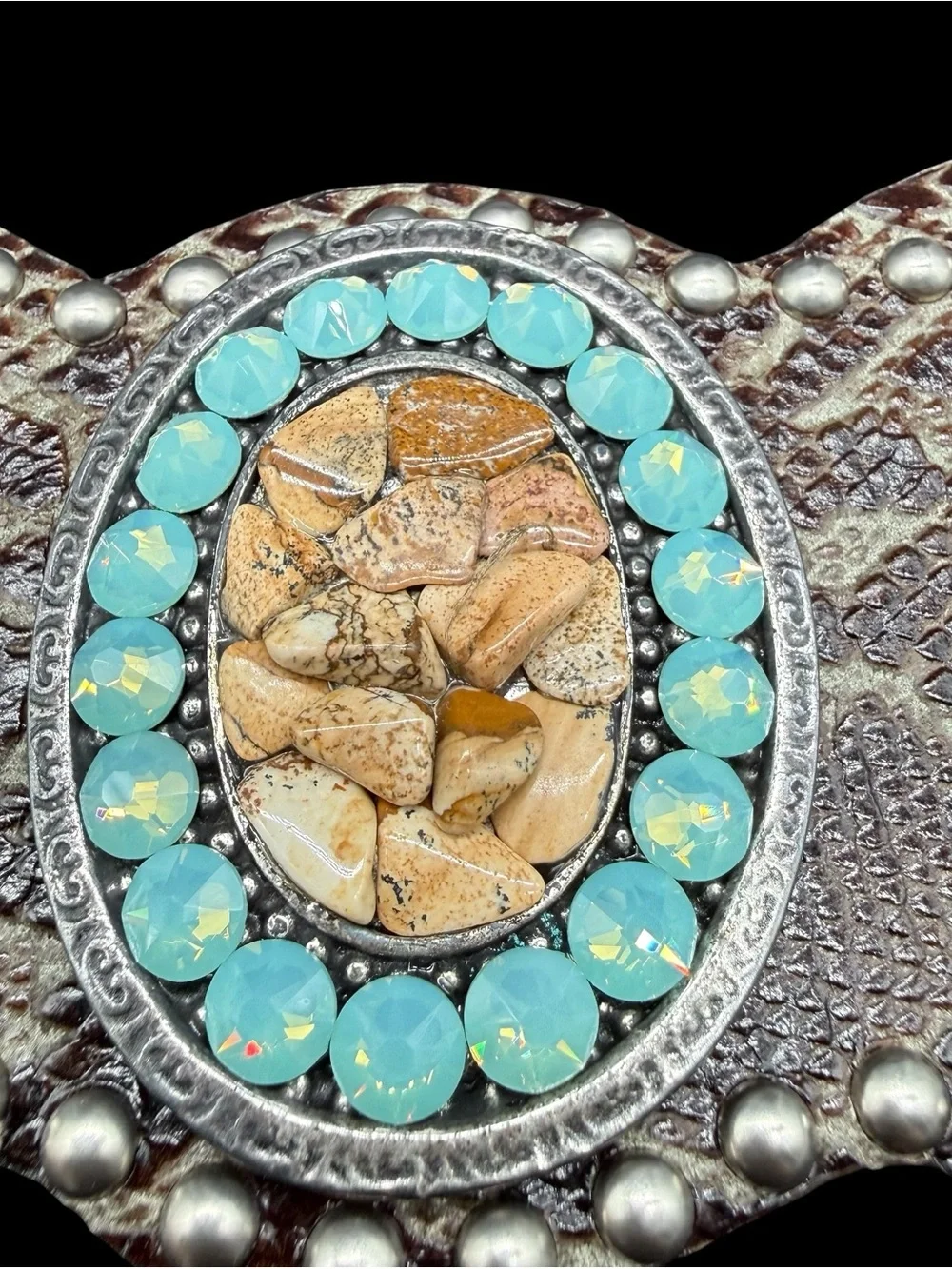 Leatherock 34 M Python Snakeskin Leather Turquoise Crystal Scallop Contour Belt
